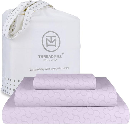 Threadmill Cotton Twin XL Sheet Set | 500TC Cotton Sheets for Twin XL Size Bed | Damask Jacquard Sateen Twin XL Bed Sheets Set with 15” Deep Pocket | Soft Breathable 3-Piece Cooling Sheet Set | Lilac