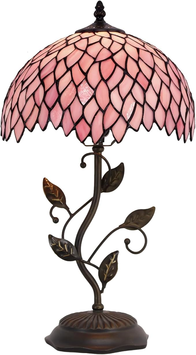 Tiffany Table Lamp, Stained Glass Desk Light, W12H19 Inch, Metal Leaf Base (Pink Wisteria)
