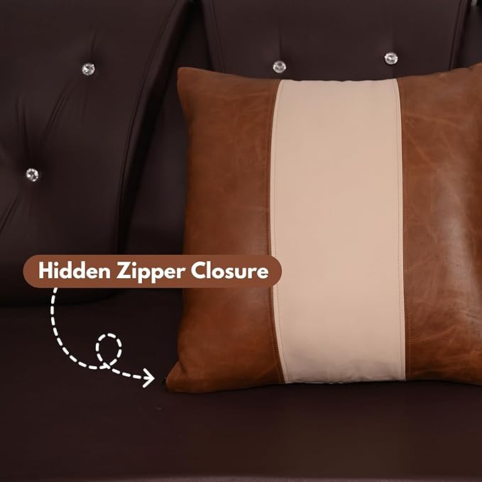 D DOLLY LAMB Lambskin Leather Pillow Cover - Sofa Cushion Case - Decorative Throw Covers for Living Room & Bedroom, 14x14 Inches - Tan & Off - White Plain