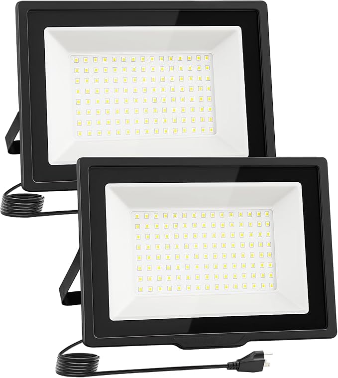 60W Flood Lights Outdoor,5400LM Bright Work Light Plug in,6500K Daylight White LED Flood Light Outdoor, IP66 Waterproof Exterior Floodlight for Yard Garage Stadium 2 Pack