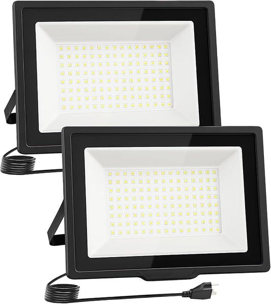 60W Flood Lights Outdoor,5400LM Bright Work Light Plug in,6500K Daylight White LED Flood Light Outdoor, IP66 Waterproof Exterior Floodlight for Yard Garage Stadium 2 Pack