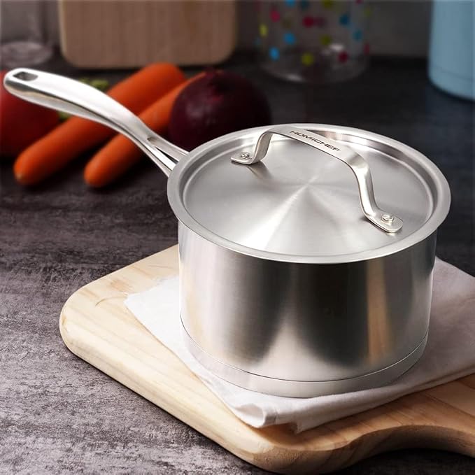 HOMICHEF 1.8 QT NICKEL FREE Stainless Steel Sauce Pan with Lid Coating Free - Non Toxic Matte Polished Stainless Steel Pot with Thick Bottom for Induction
