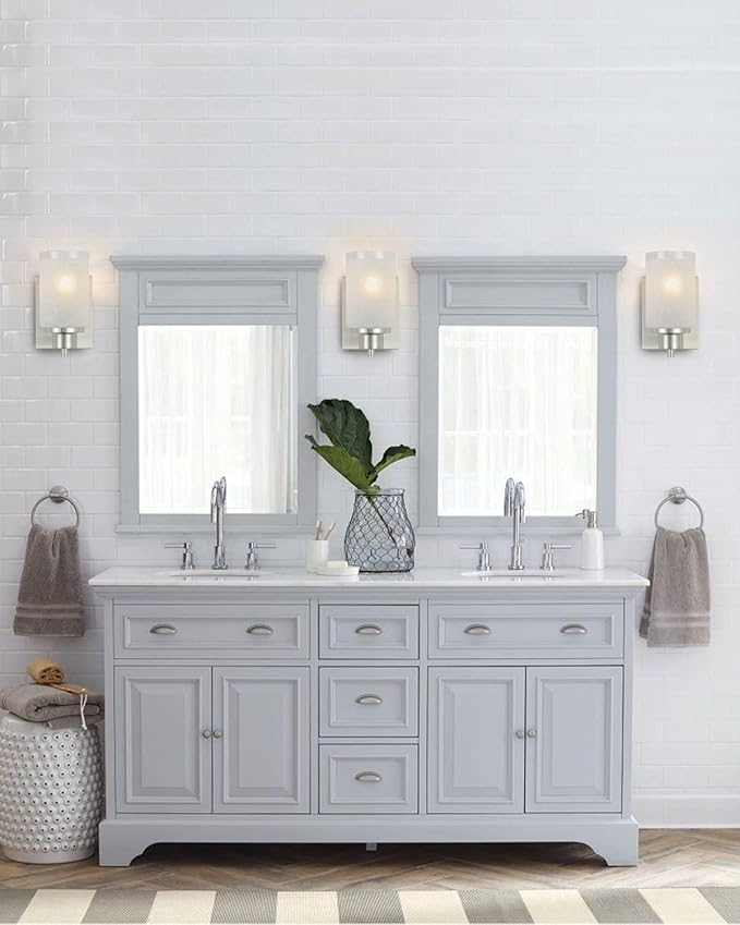 2 Pack Bath Vanity Light Fixture, Modern Indoor Wall Scone Lighting White Linen Frosted Glass Shades with Brush Nickle Finish Wall Lamp for Bathroom Kitchen Entryway Bedside