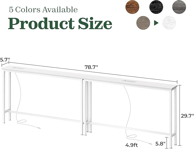 SUPERJARE 5.9 Inch Narrow Console Table with Outlet, Sofa Table Set of 2, Total Length 78.8'', Behind Couch Table, Long Entryway Tables with Charging Station, for Living Room, White