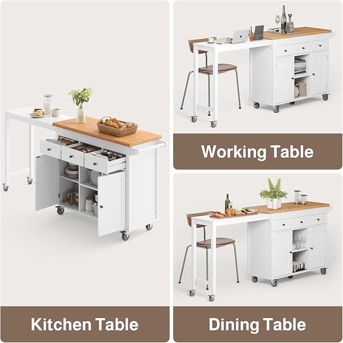 Ahomly Kitchen Island with Extendable Table for 2, 79.06" Extendable Kitchen Island Cart on Wheels with Storage Cabinet & 2 Open Shelves, Island Table for Kitchen with 3 Drawers, White