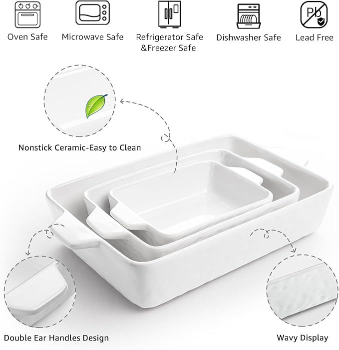 Casserole Dishes for Oven, Ceramic Baking Dishes, Lasagna Pan with Handles, Porcelain Baking Pan Deep, Bakeware for Baking, Cooking, Wedding Gift, Set of 3 (11.6" x 7.8", White)