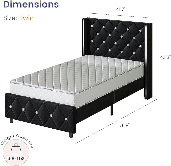 Twin Bed Frames, Upholstered Platform Bed Twin Size with Diamond Tufted Headboard, Modern Velvet Bed Frame with Wingback Design, No Box Spring Needed, Easy Assembly, Black