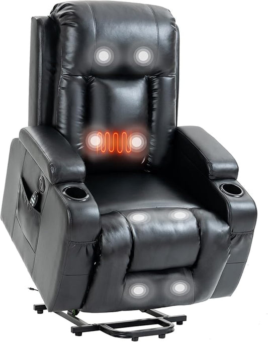 PELUMY Power Lift Recliner Chair for Elderly with Massage & Heat - Heavy Duty Electric Lift Chair, Oversized Recliner, Lay Flat, 8-Point Vibration, Lumbar Heating, USB Port, Cup Holders (Black)