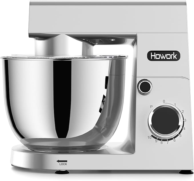 HOWORK Stand Mixer,10+p Speeds With 5.5QT Stainless Steel Bowl,Dough Hook, Wire Whip & Beater,for Most Home Cooks,Silver