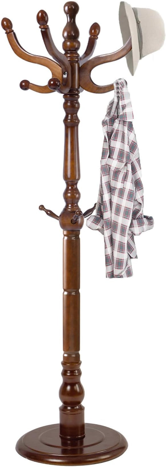Wooden Coat Rack, Heavy Duty Coat Rack Freestanding with 11 Smooth Hooks, Coat Tree, Vintage Clothes Hanger Stand with Stable Disc Base for Bedroom, Entryway, Office-Load 180lbs (Walnut Brown)