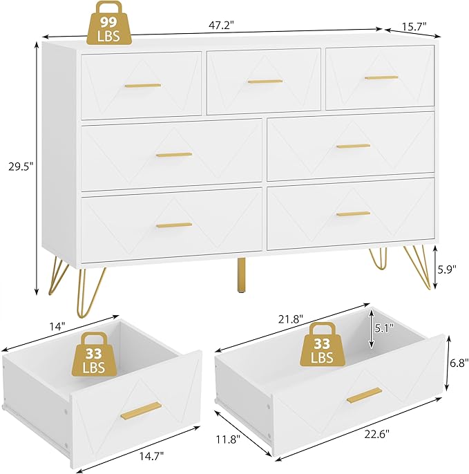 White Dresser for Bedroom, 7 Drawer Dresser with Golden Handles, Wood Modern Chest for Hallway, Entryway