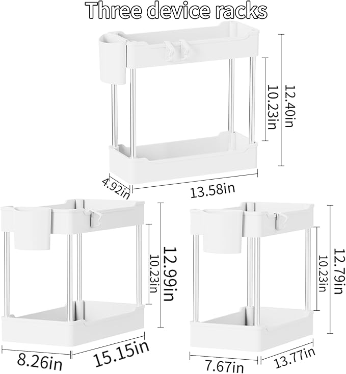 3 Pack Under Sink Organizers and Storage, 2 Tier Bathroom Cabinet Organizer Shelf with Hanging Cups for Kitchen & Bathroom (White)
