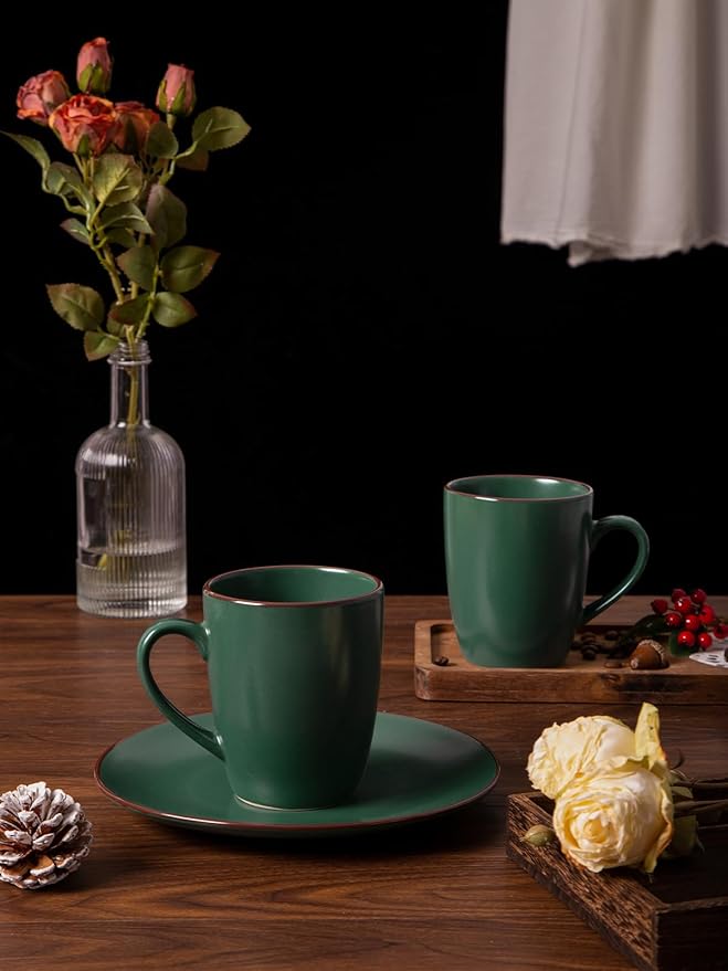 famiware Venus Coffee Mugs for 6, 14 oz Mug Set, Dringking Cup with Handle for Coffee, Tea, Cocoa, Milk, Dark Green