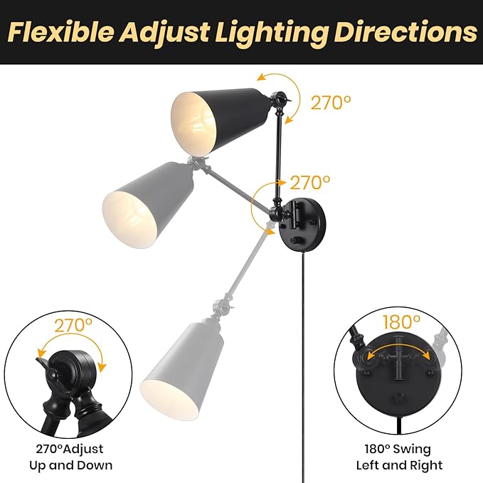Plug in Wall Sconces Set of 2, Black Wall Mounted Lighting, Swing Arm Wall Lamp Plug in Cord Industrial Wall Light Fixtures for Bedside Bedroom Living Room Kitchen Office