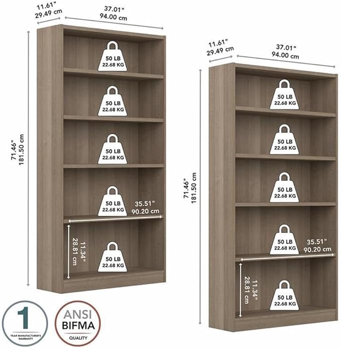 Pemberly Row Tall 5 Shelf Bookcase in Ash Gray (Set of 2) - Engineered Wood