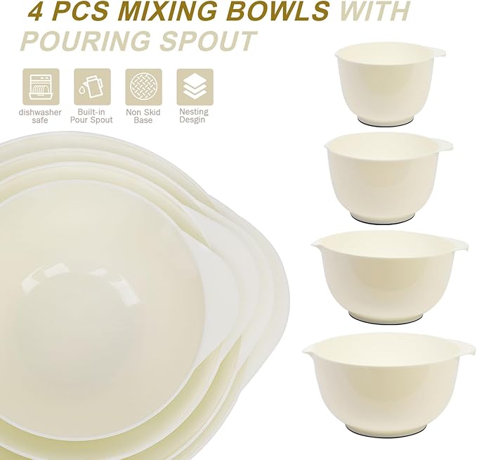 BoxedHome 4 Quart Large Plastic Mixing Bowls, Microwave Safe Mixing Bowl Set with Pour Spout, Nesting Bowls for Space Saving Storage(Beige)