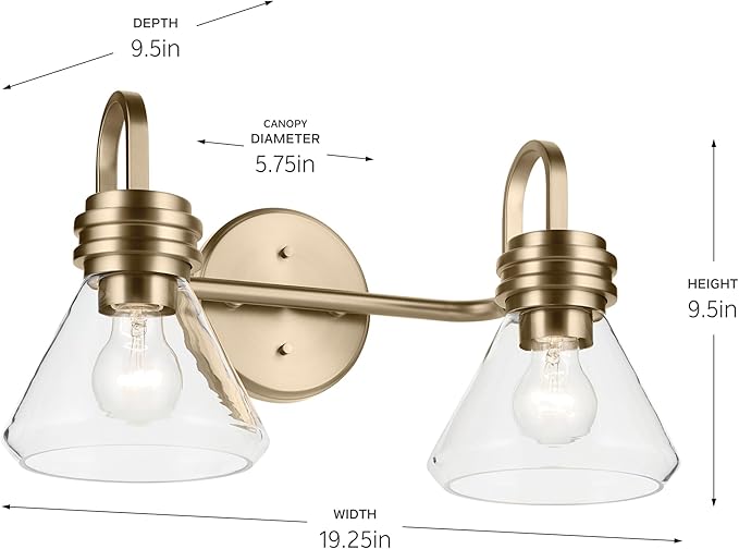 Kichler Farum 19.25" 2-Light Vanity Light with Clear Glass in Champagne Bronze, for Vanity, Jack & Jill Layout, Over a Mirror, (19.25" W x 9.5" H), 55154CPZCLR