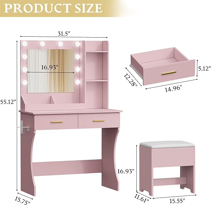 Vanity Desk with Mirror and Lights, Small Makeup Vanity Table Set with Storage Drawers & Power Outlets & Chair, 3 Lighting Modes & RGB Ambient Light, Dressing Table for Women Girls Bedroom, Pink