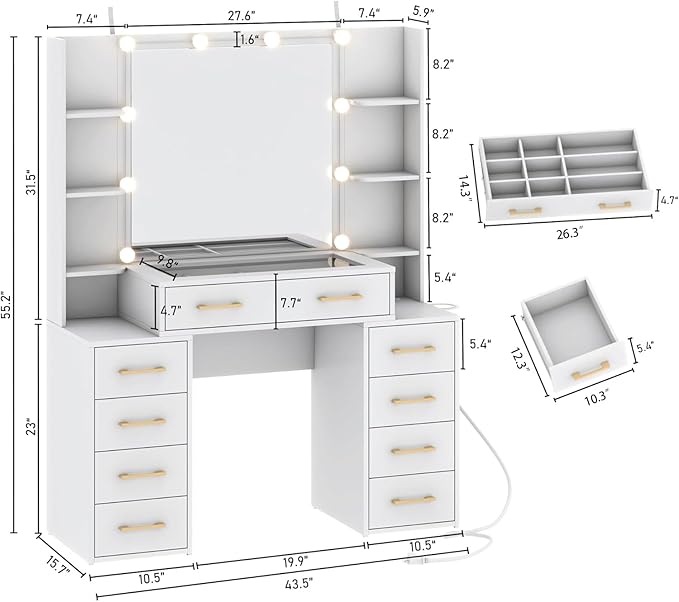 Glass Top Vanity Desk with Mirror and Lights, Large Vanity Makeup Mirror Desk with Charging Station Compartment Storage Drawers, Modern Makeup Vanity with 9 Drawers 6 Shelves, White