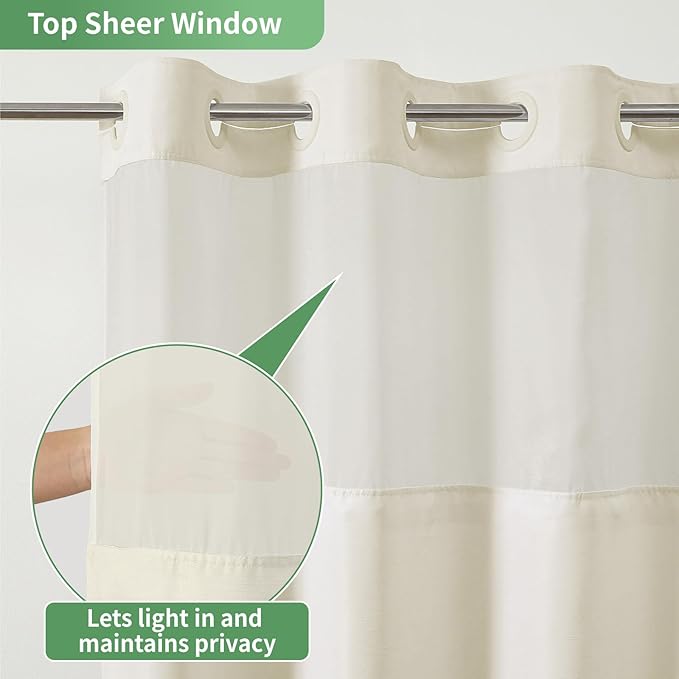 Cream No Hook Shower Curtain with Snap-in Fabric Liner Set,Slub Textured Fabric Shower Curtains for Bathroom,Hotel Style Modern Shower Curtain,Water Repellent & Washable,71x77(75)