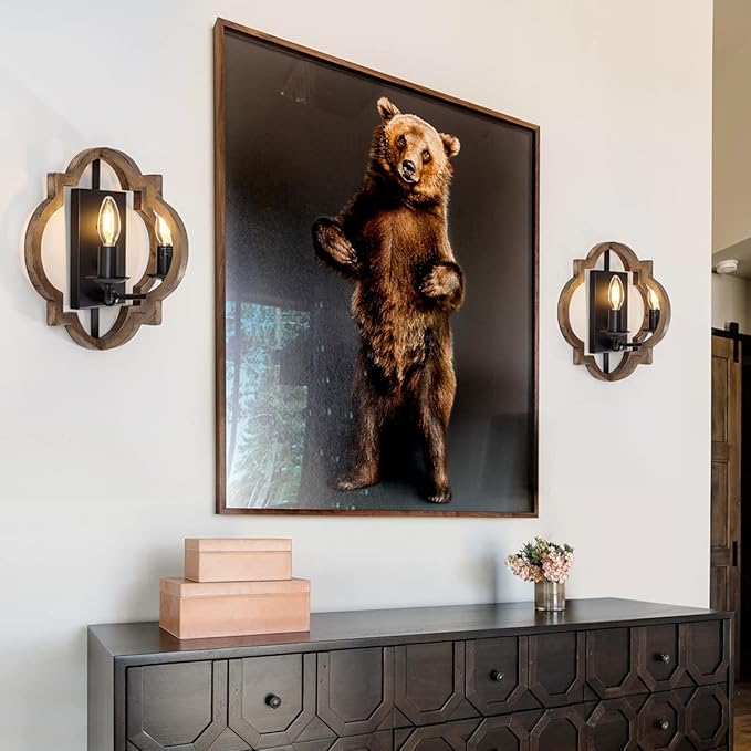 VILUXY Wood Wall Sconces Retro Industrial Wall Light Farmhouse Geometric Bedside Wall Lamps Fixture Black Wall Mount Sconces for Bedroom, Hallway, Entryway, Passway, 2 Pack