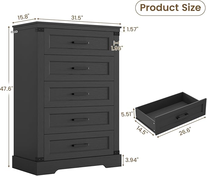 Hasuit Tall Black Dresser for Bedroom with 5 Drawers, Wooden Farmhouse Dresser Chest of Drawer with Thick Styling, Large Capacity Storage Cabinet with Wide Drawer, Dressers for Living Room Hallway