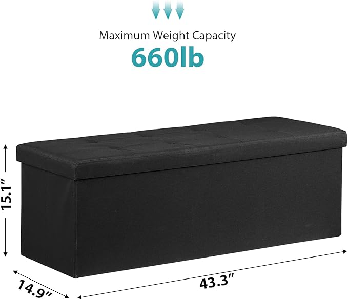 SUPER DEAL 43 Inches Storage Ottoman Bench, Folding Footrest with Padded Seat Sotrage Chest Long Box for Livingroom Bedroom Entryway, 660 lbs Capacity 15" x 43" x 15", Black