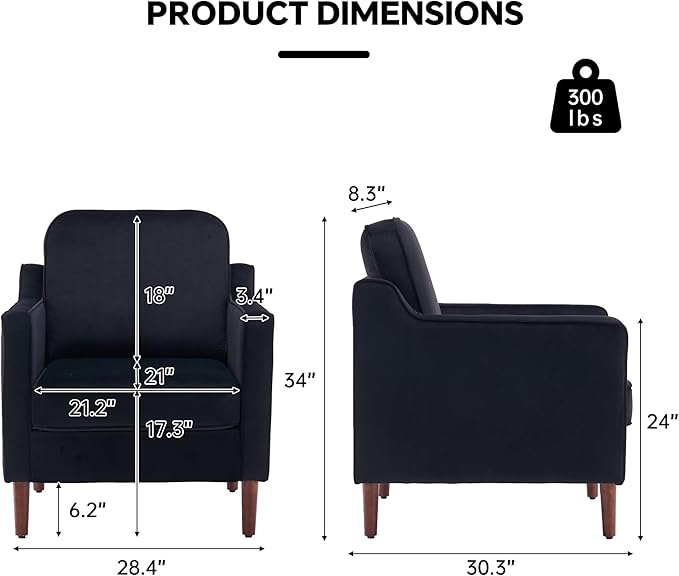 Mid Century Modern Accent Chair, Upholstered Reading Armchair for Living Room, Velvet Comfy Sofa Chair with Wood Legs for Bedroom, Office, Waiting Room, Black