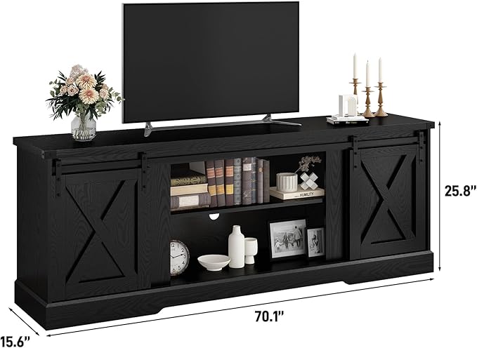 Farmhouse TV Stand for 70/75/80 Inch TV, 70 inch Entertainment Center Storage Cabinets with Sliding Barn Doors, Media Console Cabinet for Living Room, Black
