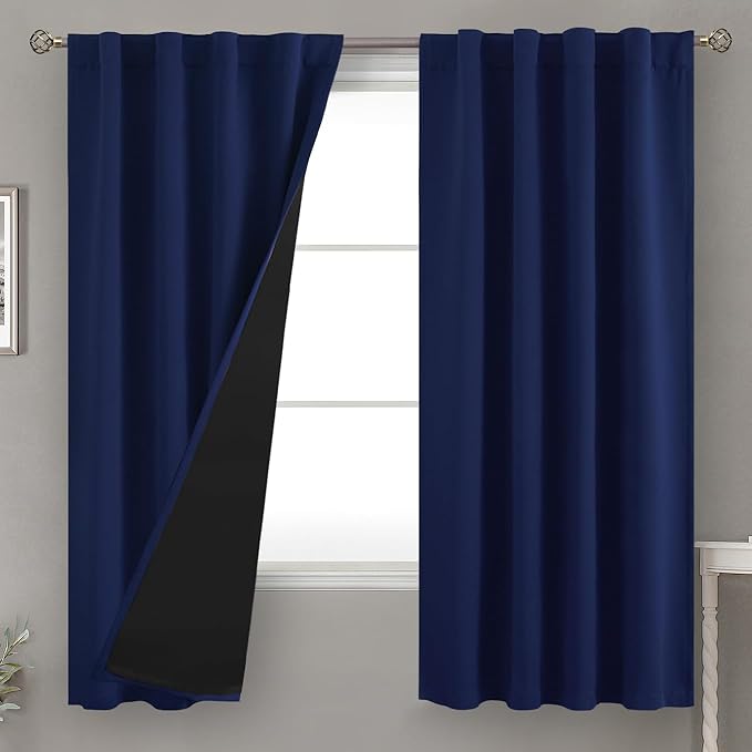 BGment Navy Blue 100% Blackout Curtains 63 Inches Long with Thermal Insulated Liner, Rod Pocket and Back Tab Double Layer Full Room Darkening Window Curtain for Bedroom, 2 Panels,Each 38 x 63 Inch