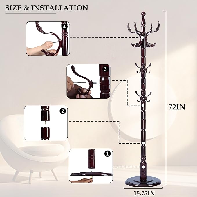 Wood Coat Rack Freestanding, Natural Coats Tree Stand with 14 Hooks, 73" Sturdy and Easy Assembly Coat Rack Stand for Entryway, Hallway, Bedroom, Bags, Hats (Heavy-duty Disc Base, Royal Claw)