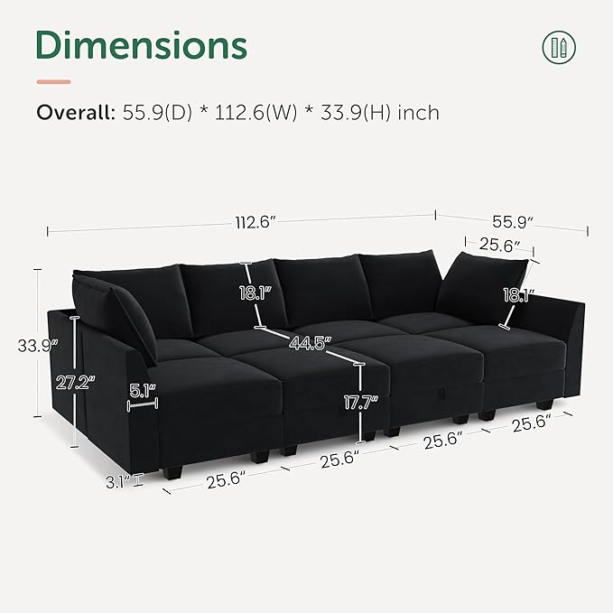 HONBAY Modular Sectional Sofa Velvet Sleeper Couch with Storage Seats Oversized Sectional Couches for Living Room,Black