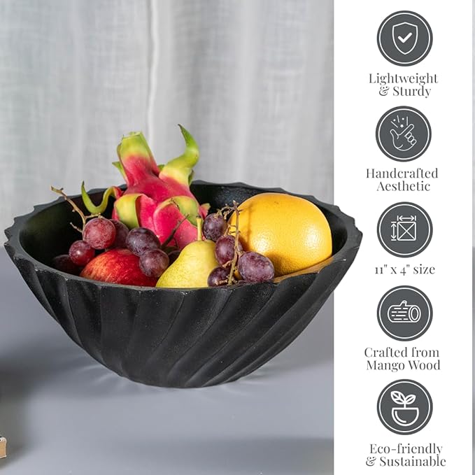 Folkulture Black Ribbed Salad Bowl | 11” Large Mango Wood Serving Bowl | Modern Wooden Bowl for Salad, Fruit & Pasta | Kitchen Island & Dining Table Décor