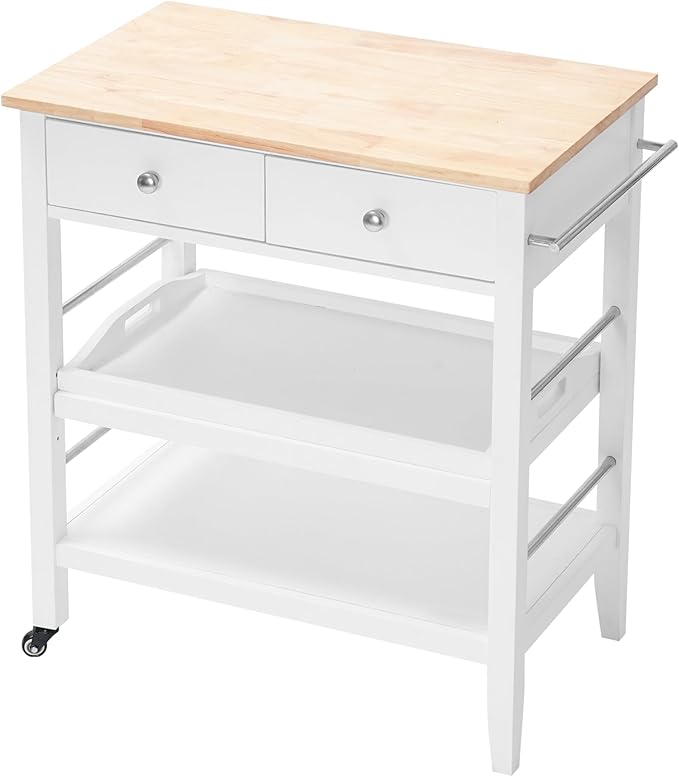 Rolling Kitchen Island Cart, White Kitchen Cart with Rubberwood Top, Ample Storage Drawers, Adjustable Shelves, Utility Cart with Wheels for Small Kitchens, 35” Height