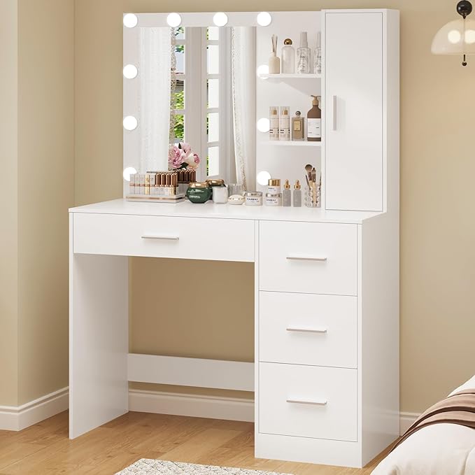 usikey Makeup Vanity with Lights, Vanity Desk with Mirror and 10 LED Lights, Vanity Table Set with 4 Drawers, Cabinet & 4 Necklace Hooks, Dressing Table for Bedroom, White
