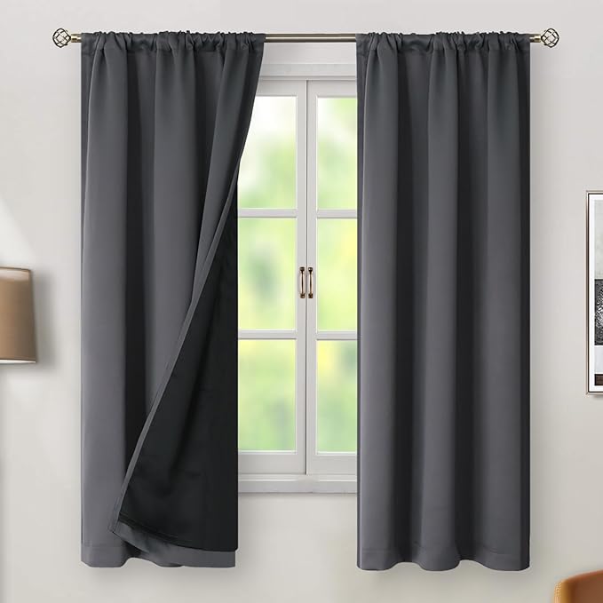 BGment Dark Grey 100% Blackout Curtains 63 Inches Long with Thermal Insulated Liner, Rod Pocket and Back Tab Double Layer Full Room Darkening Window Curtain for Bedroom, 2 Panels,Each 38 x 63 Inch
