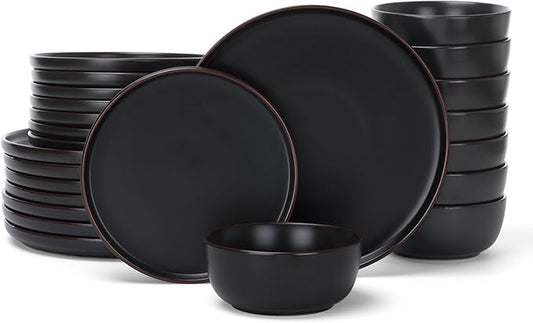 Famiware Mercury 24 Pieces Dinnerware Sets, Plates and Bowls Sets for 8, Microwave and Dishwasher Safe Dish Set, Black