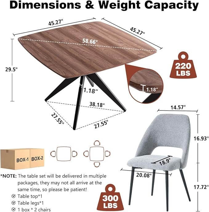 Kidol & Shellder 45.2" Square Dining Table Set for 2-4 People Modern MDF Wooden Dining Room Table with X-Shaped Metal Base Kitchen Table（Walnut Table+4pcs Grey Chairs）