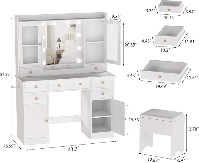 Vanity Desk with Mirror and Lights, White Vanity Mirror with Lights Desk and Chair & Charging Station, Makeup Vanity Desk with Lights for Women Bedroom 3 Color Modes Adjustable