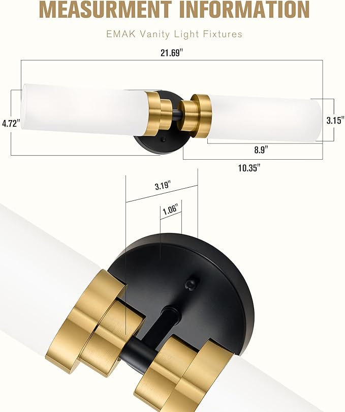Emak Modern 22 Inch Bathroom Light Fixtures Over Mirror, Black Gold Vanity Lights with Milk Glass Shade, 2-Light Wall Sconce for Bathroom, Bedroom, Hallway, VL085-BKBGD-ML-2