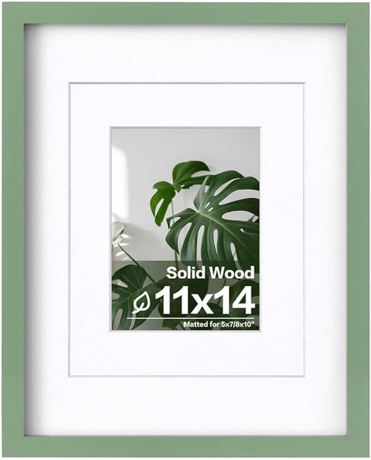 Egofine 11x14 Picture Frame Made of Solid Wood Covered by Plexiglass, Display Pictures 5x7/8x10 with Mat or 11x14 Without Mat for Table Top Display and Wall Mounting Photo Frame, Green