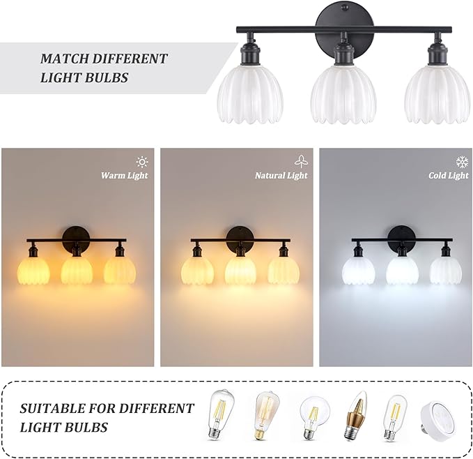 Bathroom Light Fixtures, 3-Light Black Vanity Wall Light Over Mirror with White Tulip Glass Shade for Bedroom Living Room