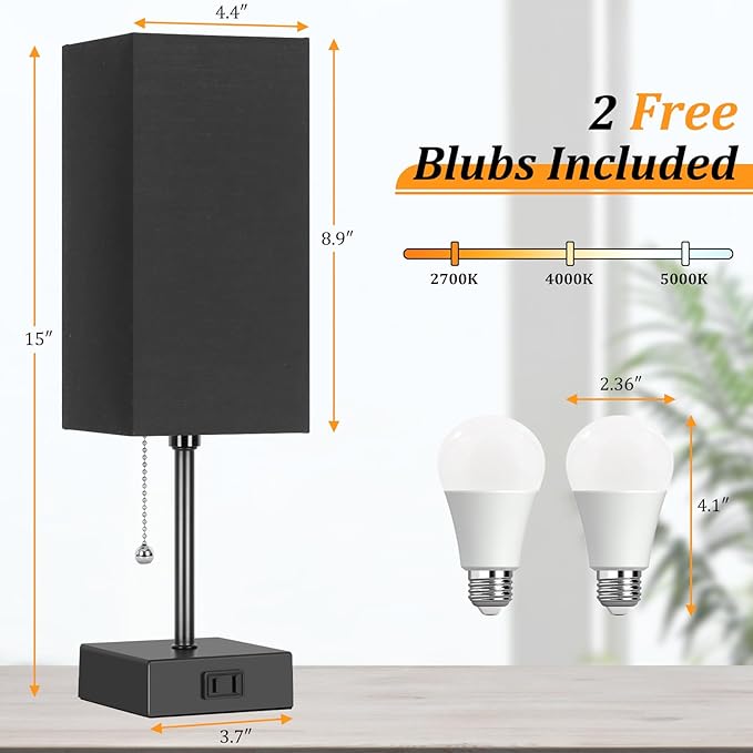 Table Lamp for Bedroom set of 2,3-Color Bedside Lamps with Pull Chain Table Lamps for Nightstand with AC Outlets, Night Light Lamps with 2 Bulbs Lamps for Living Room Kids Office Decor（Black）