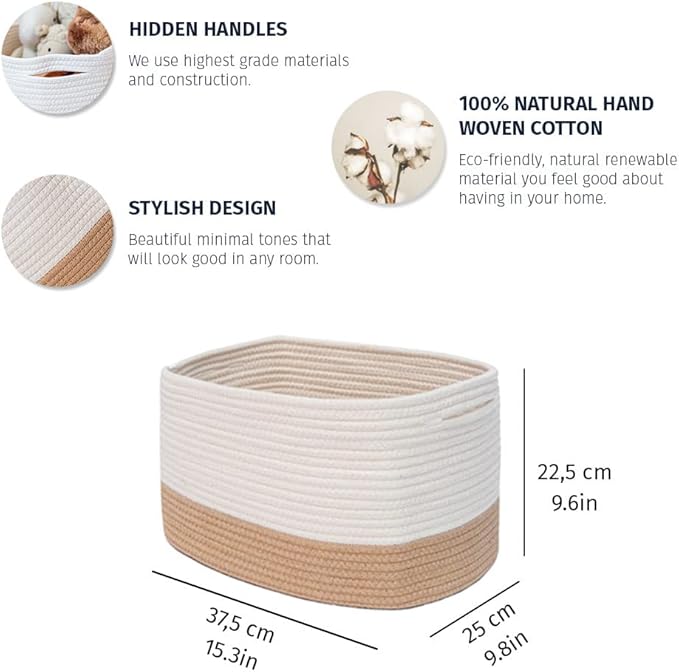 OrganiHaus Long Storage Basket, Shoe Basket, Woven Baskets for Storage, Cotton Rope Basket for Organizing, Towel Baskets for Bathroom, Decorative Baskets, Rectangular Storage Basket, Honey