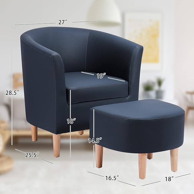 DAZONE Leather Chair, Accent Chair Mid Century Modern with Ottoman Faux Barrel Comfy Armchair Upholstered Club Tub Round Arms for Living Room Bedroom Reading Navy Blue Set of 1
