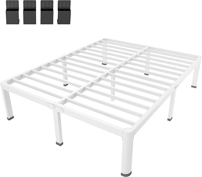 MAF 18 Inch California King Bed Frame White with Round Corner Legs Mattress Slide Stopper No Box Spring Needed Heavy Duty Metal Platform Bed Frames, 3000 LBS Steel Slats Support