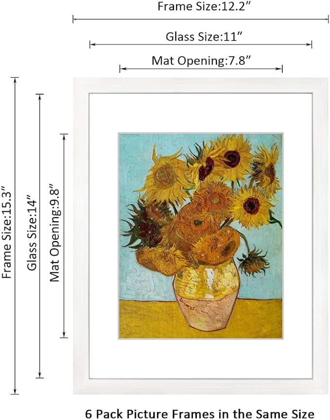 11x14 Picture Frame Set of 6 for Pictures 8x10 with Mat or 11x14 Without Mat, Wall or Tabletop Gallery Photo Frames White