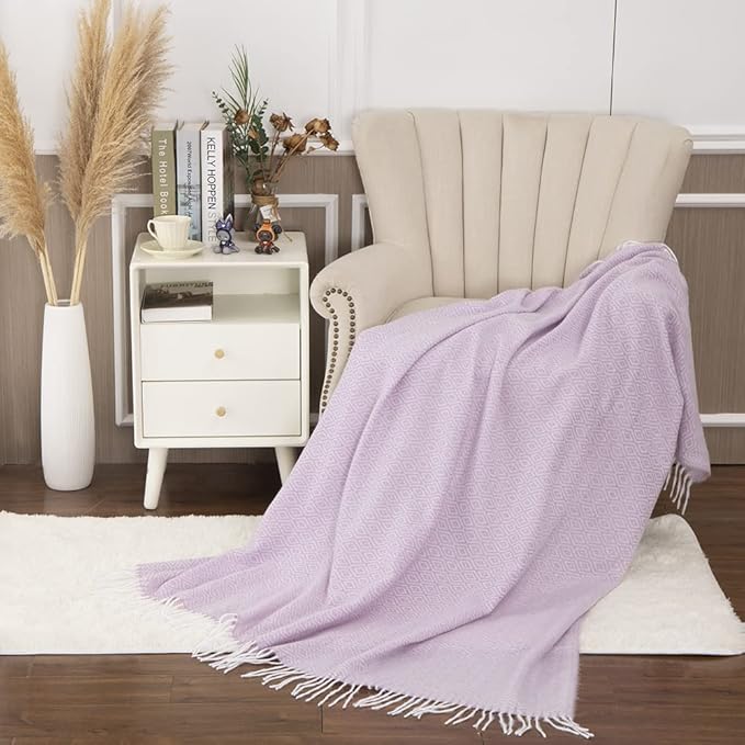 Gealaek Decorative Diamond Lattice Faux Cashmere Throw Blanket Pink Lavender Fringe Lightweight Fuzzy Soft Cozy Throws for Sofa Bed Farmhouse Throw Blanket 50" x 60"