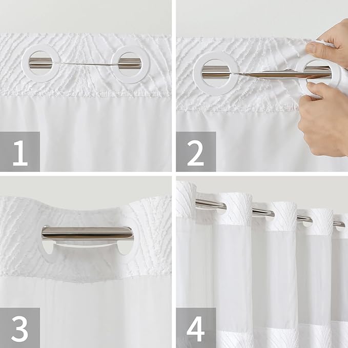 no Hook Shower Curtain and Liner Set，Boho Style with See Through Top Window, White Fabric Tufted Striped Textured Outer Curtain & Waterproof Inner Liner, White, 71Wx77H