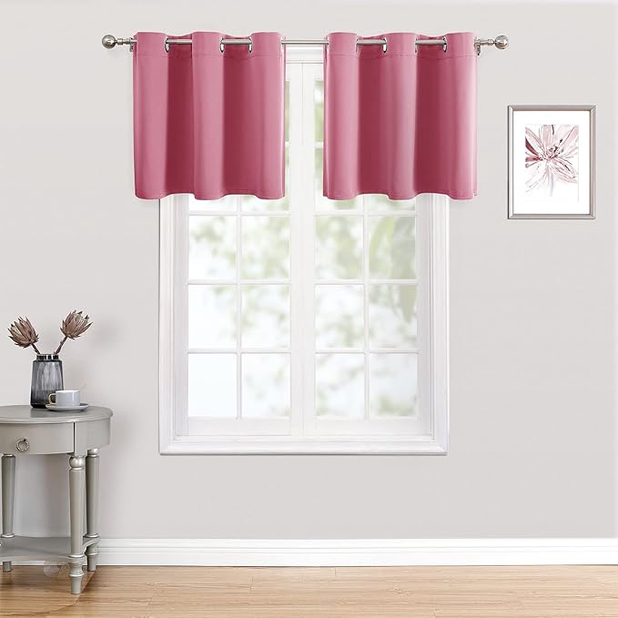 ChrisDowa Small Kitchen Valances for Windows - Grommet Short Thermal Insulated Room Darkening Window Valances Curtains for Living Room (2 Panels, Pink, 42 x 18 Inch)